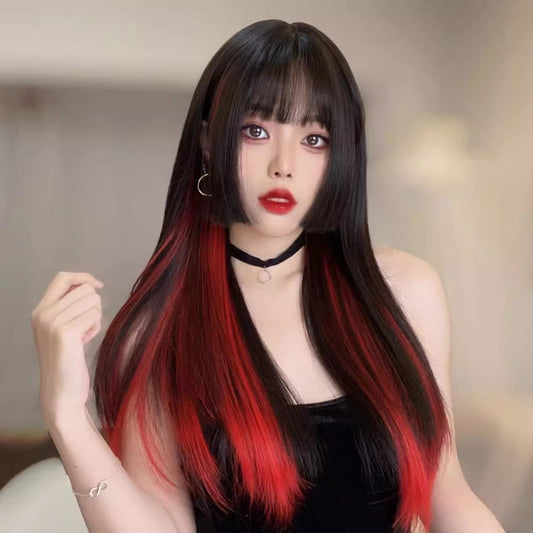 Long straight hair with black and red highlights A41189