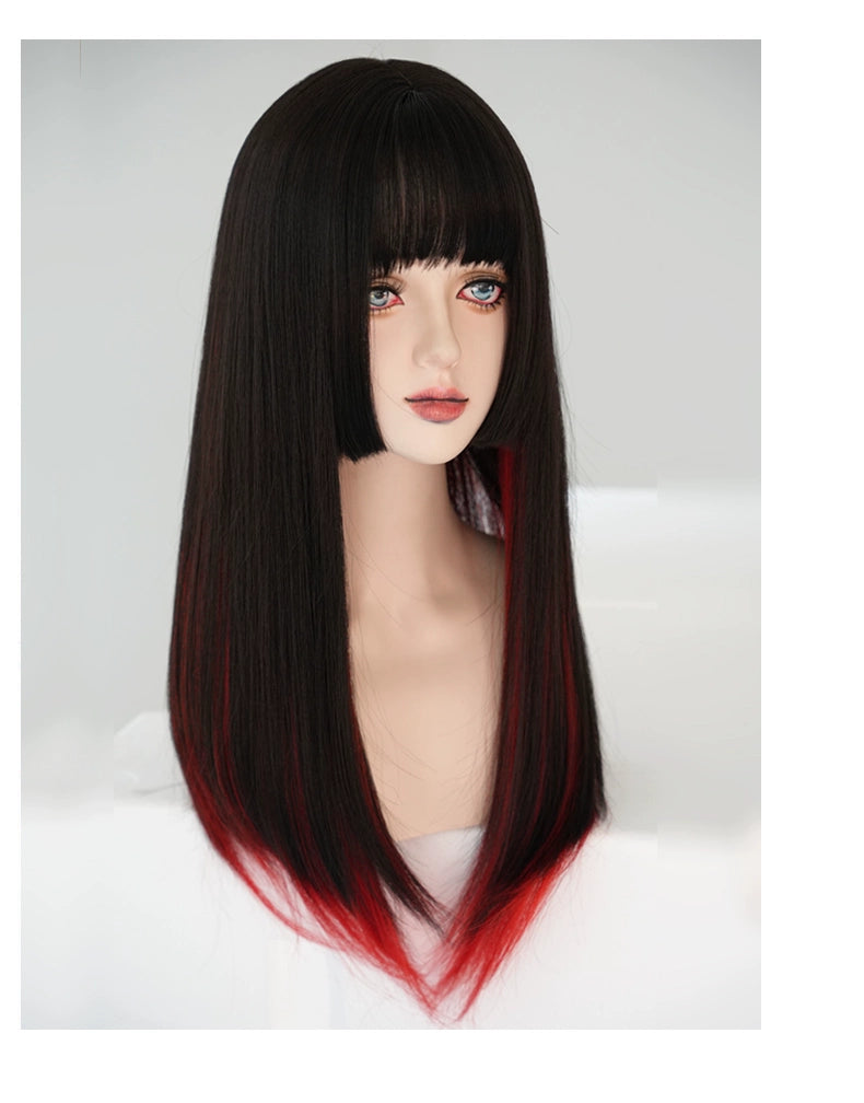 Long straight hair with black and red highlights A41189