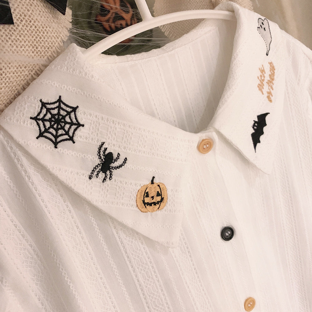 Pumpkin Bat Spider Embroidery Shirt A40224