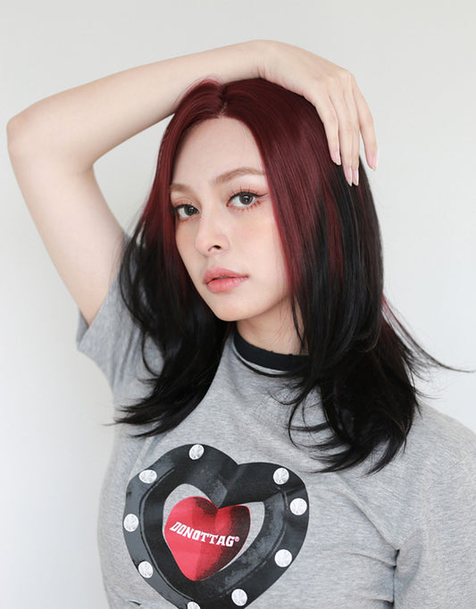 Retro red and black gradient straight hair A40190