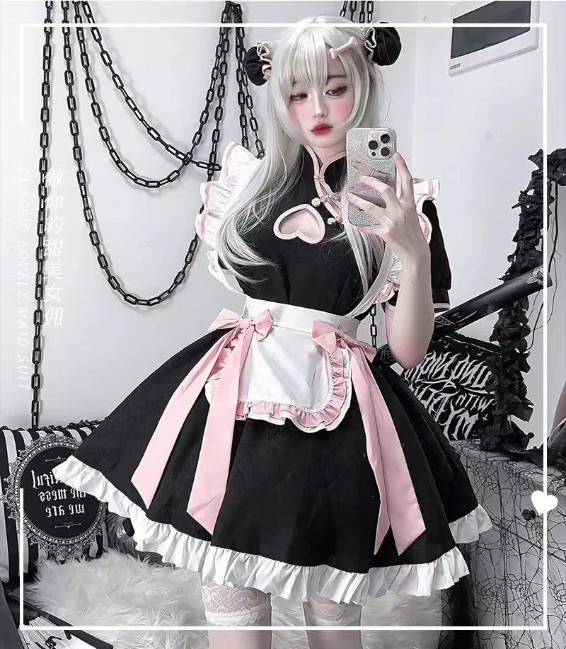 Lolita pink maid cos cheongsam dress A41145