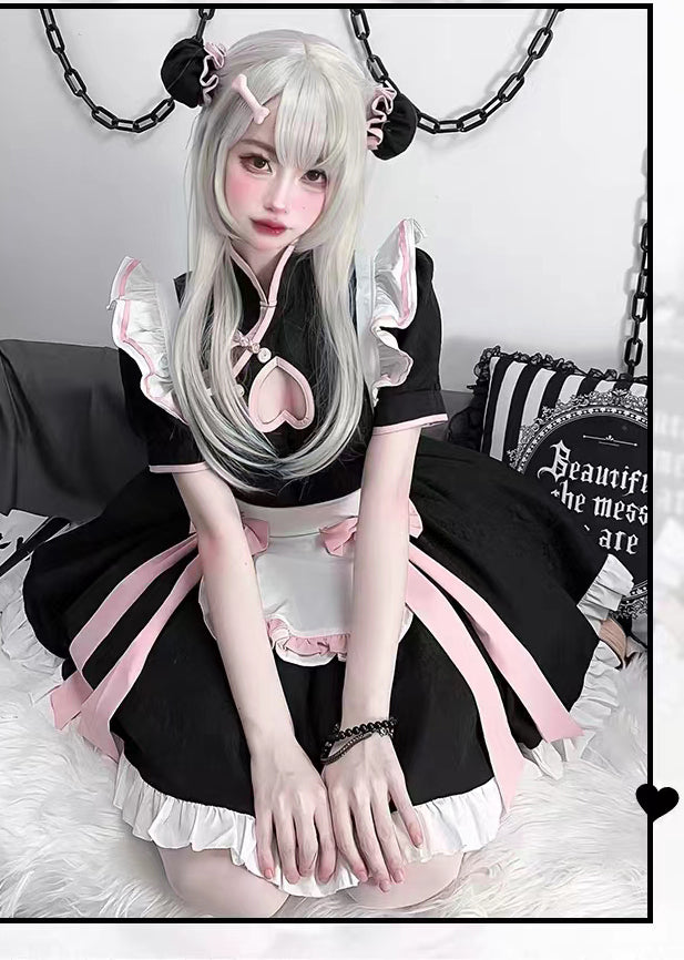 Lolita pink maid cos cheongsam dress A41145