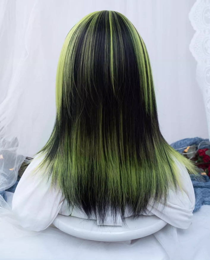 Y2K Punk Highlighted Lizard Green Long Straight Hair A41182