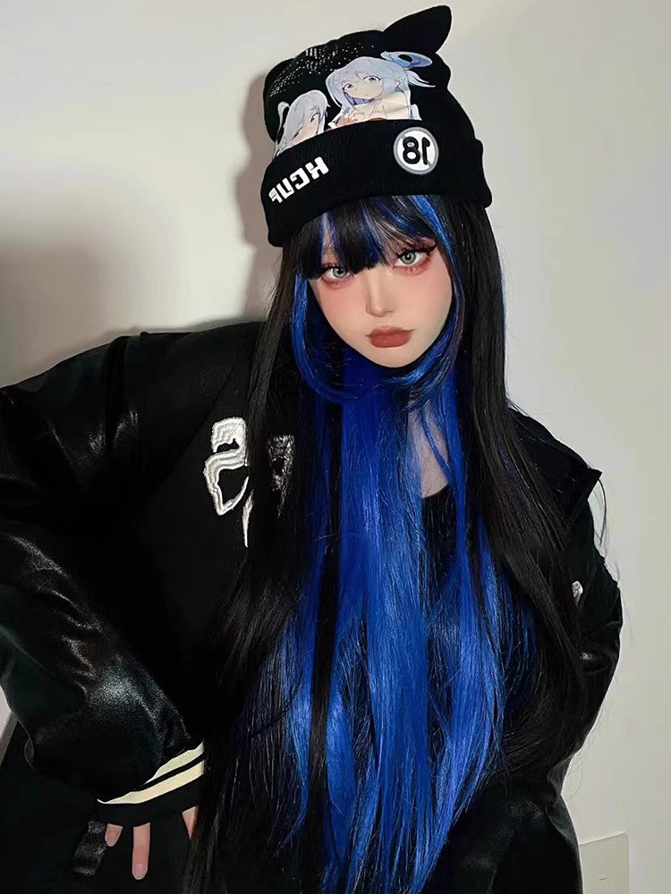 Lolita hottie y2k black blue long straight hair A41218