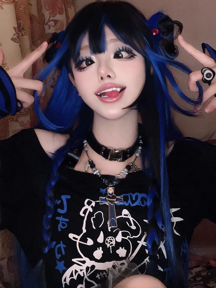 Lolita hottie y2k black blue long straight hair A41218