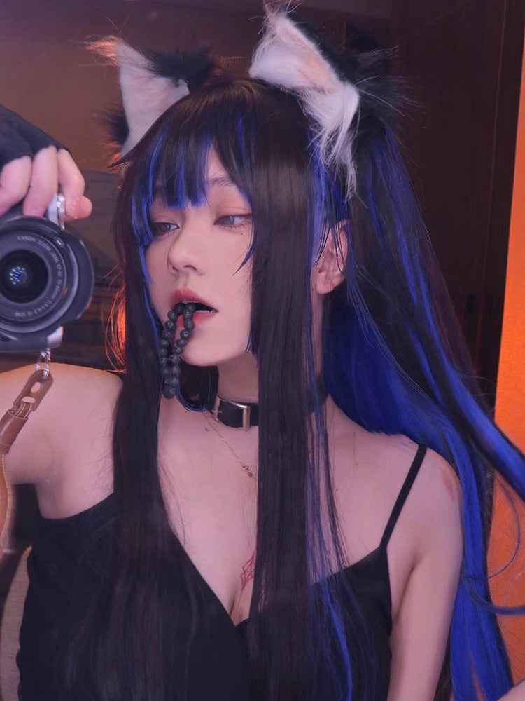 Lolita hottie y2k black blue long straight hair A41218