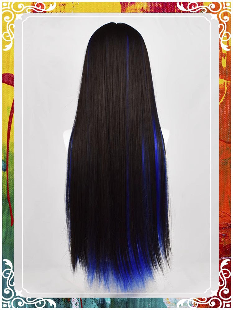 Lolita hottie y2k black blue long straight hair A41218