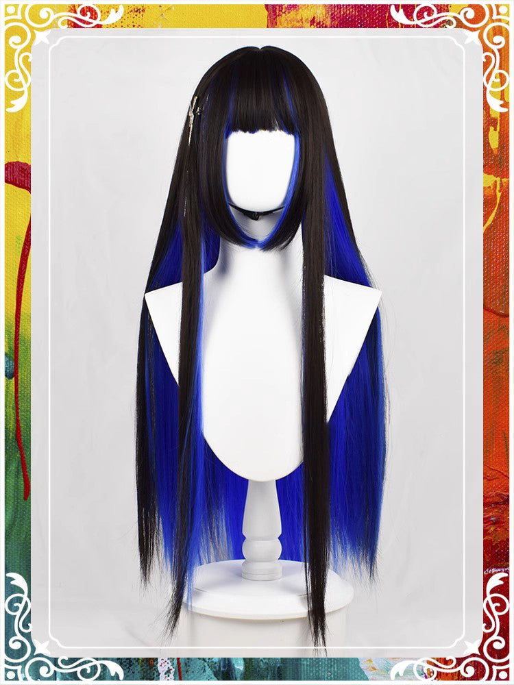 Lolita hottie y2k black blue long straight hair A41218