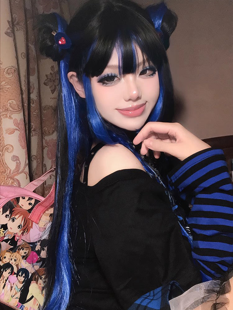 Lolita hottie y2k black blue long straight hair A41218