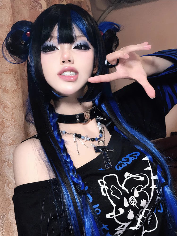 Lolita hottie y2k black blue long straight hair A41218