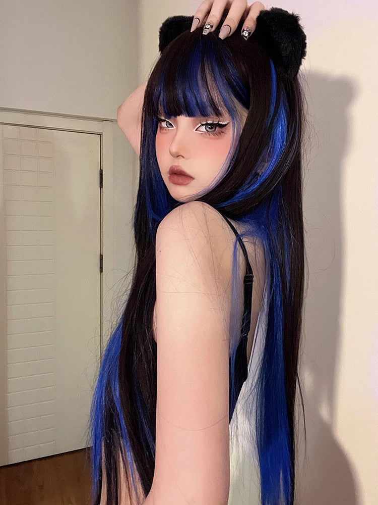 Lolita hottie y2k black blue long straight hair A41218