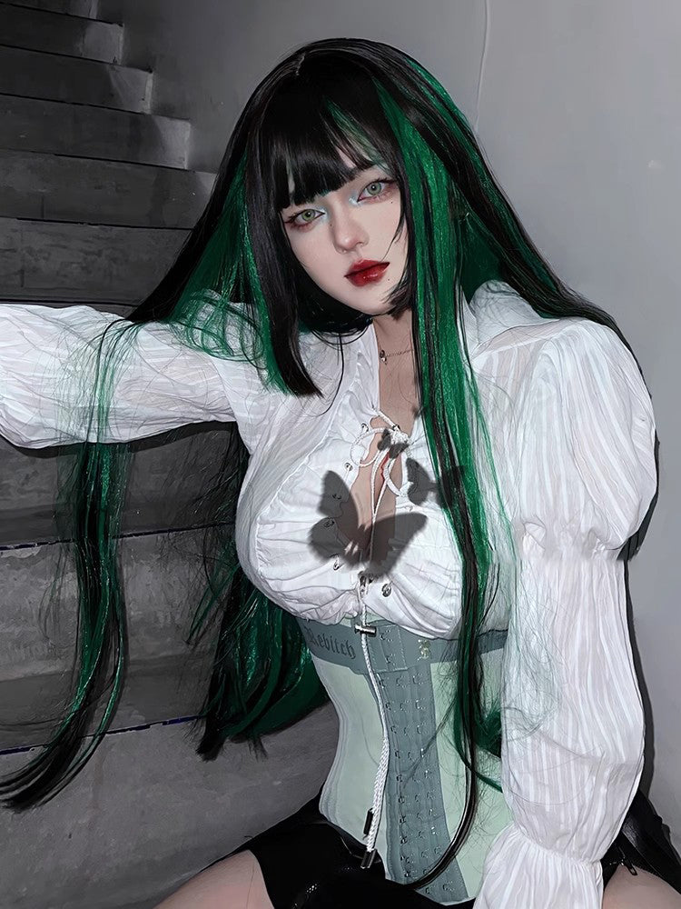 Cyber Lolita black green long straight hair A41219