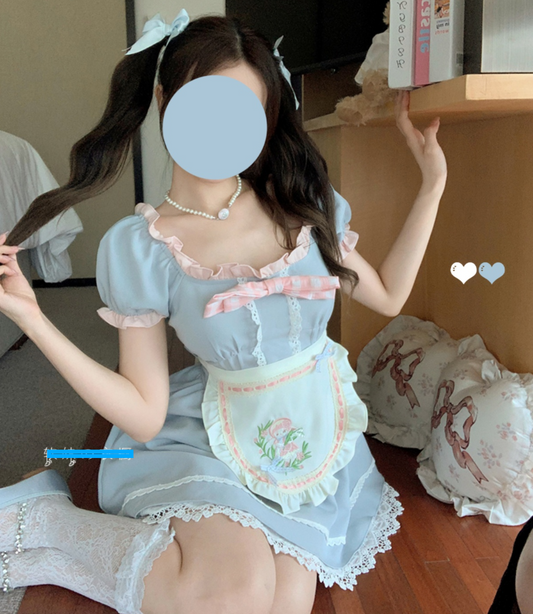 Tea Princess~Soft Girl Macaron Color Short Sleeve Dress + Apron AP247