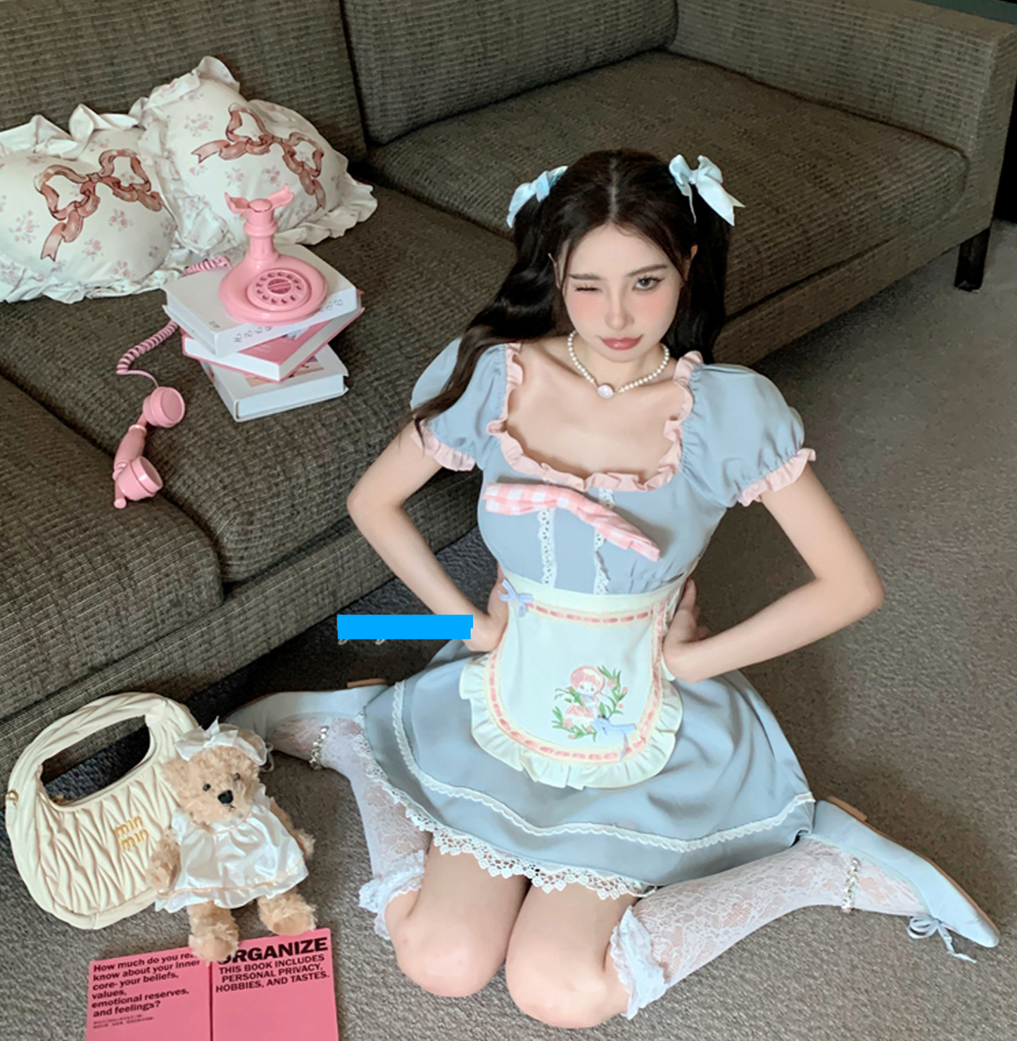 Tea Princess~Soft Girl Macaron Color Short Sleeve Dress + Apron AP247