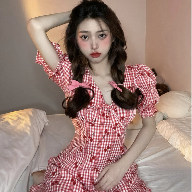 Cute Cherry Puff Sleeve Dress A40817
