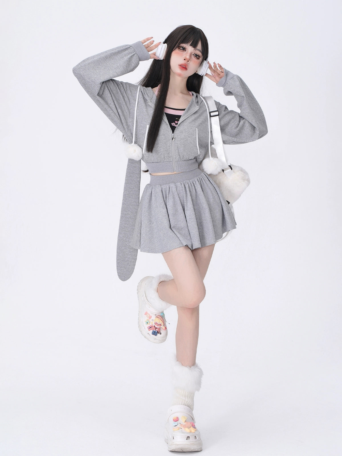 Rabbit ears hooded cardigan + skirt A40908