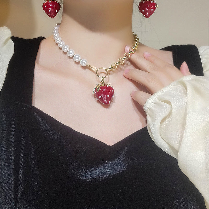 Red strawberry fruit necklace set A40998