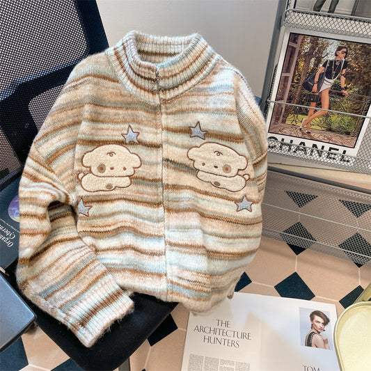Striped puppy retro knitted cardigan A41042