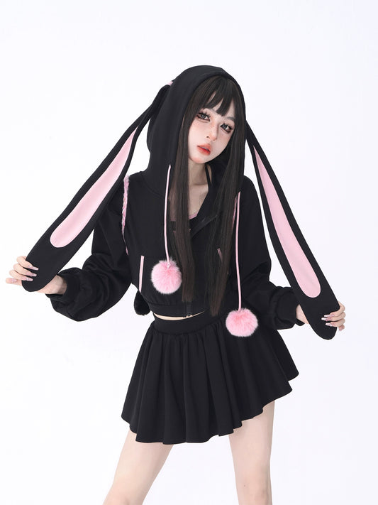 Rabbit ears hooded cardigan + skirt A40908