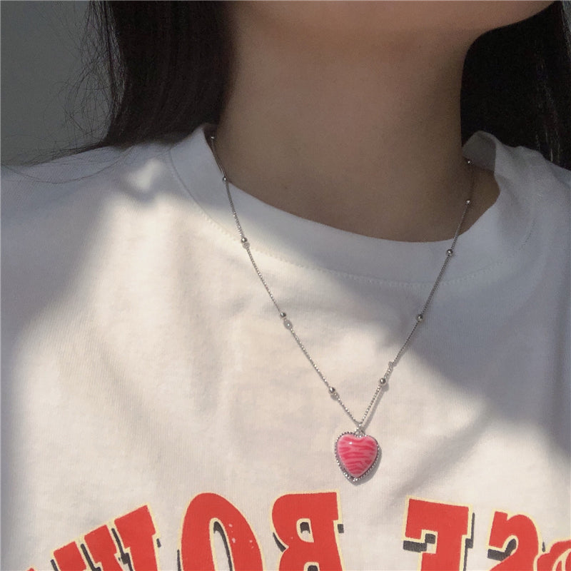 Pink zebra pattern heart necklace A40935
