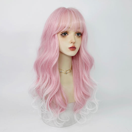 Pink and white gradient long curly hair A40741