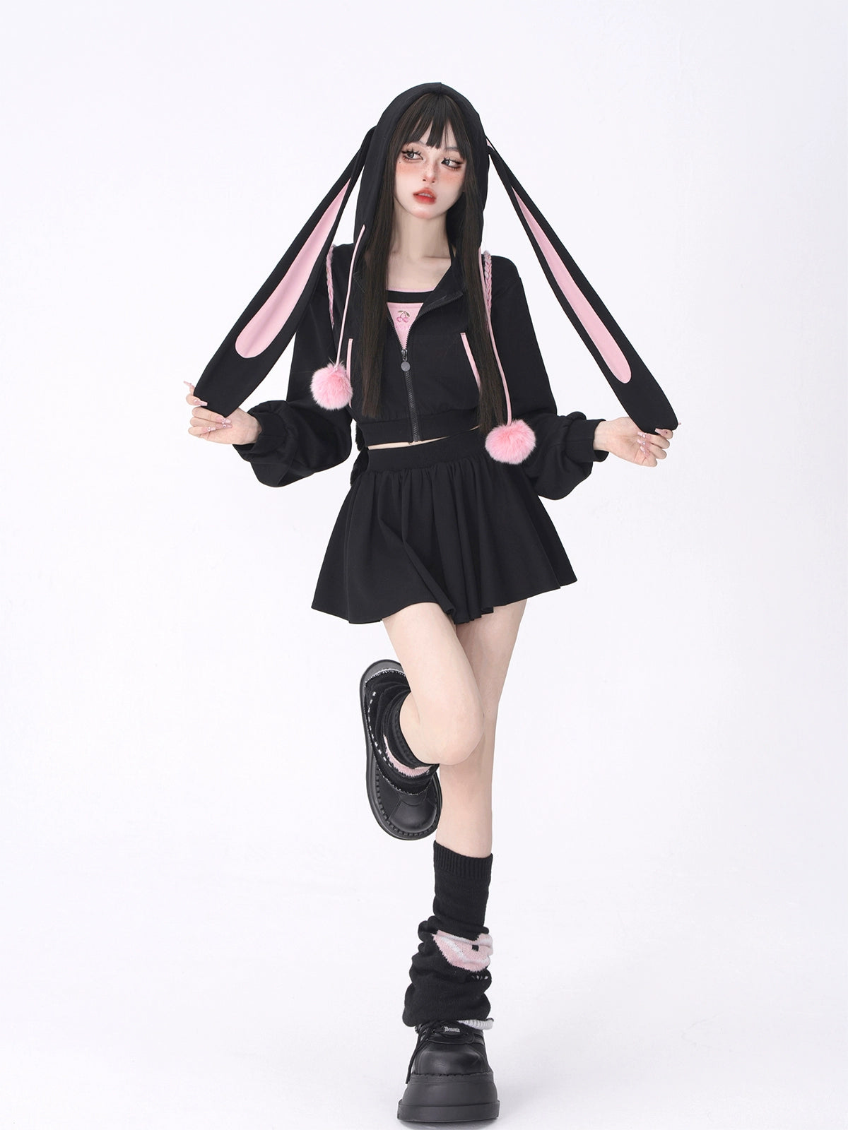 Rabbit ears hooded cardigan + skirt A40908