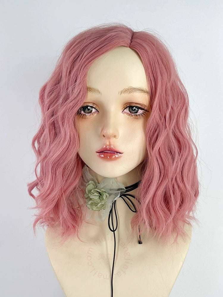 Pink wool curly cos wig A41304