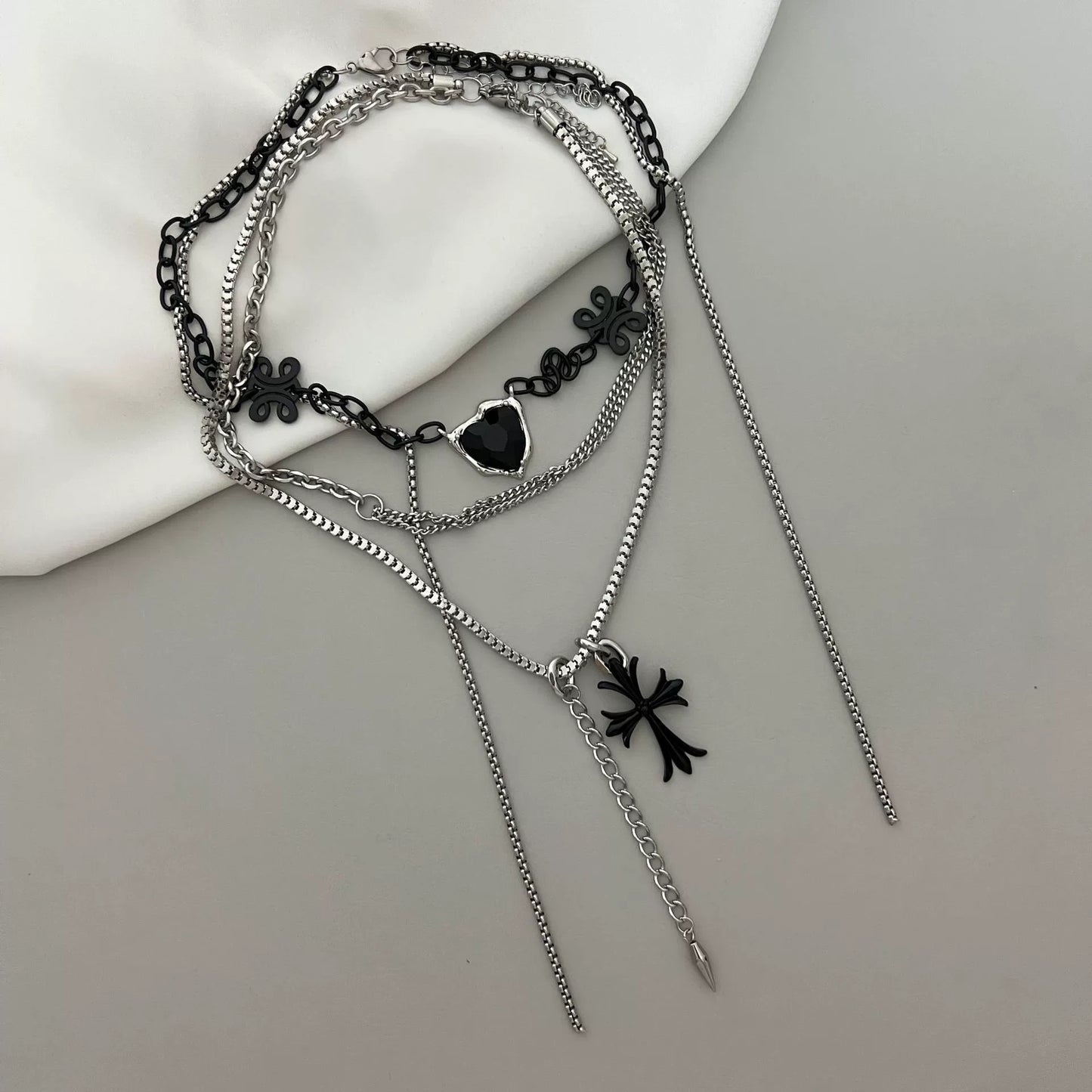 Black cross double layer titanium steel necklace A41003