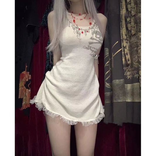 Gothic style milky white y2k skull dress A41126
