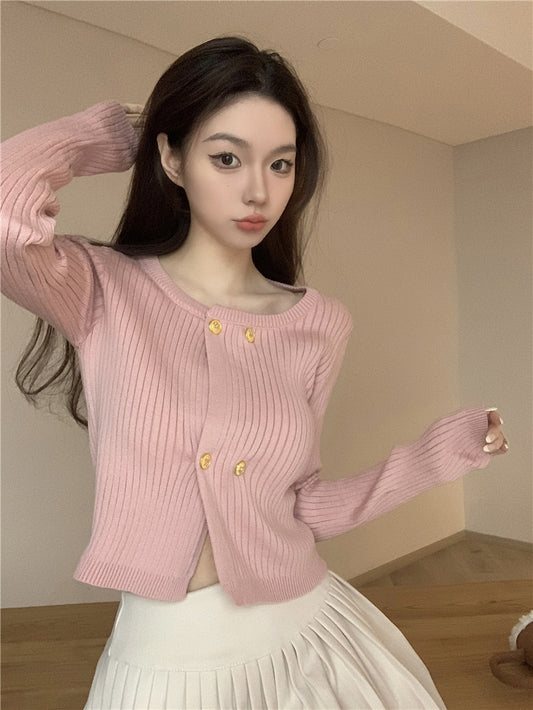 Pink square neck knitted cardigan A40939