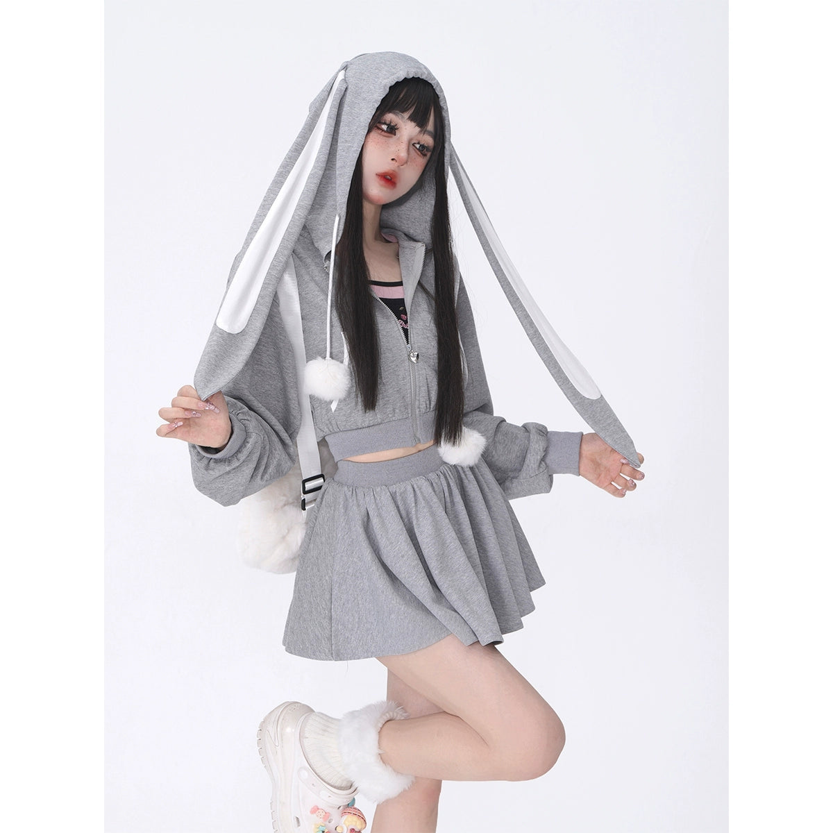 Rabbit ears hooded cardigan + skirt A40908