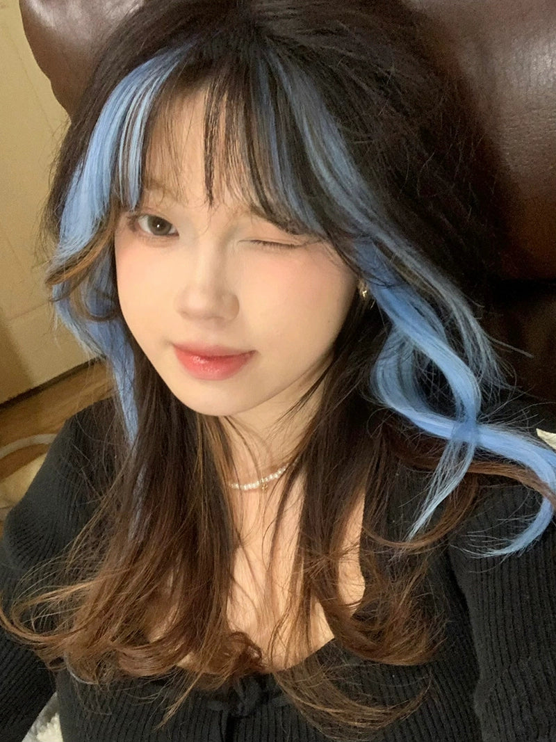 Blue highlights gradient y2k hot girl curly hair AP194