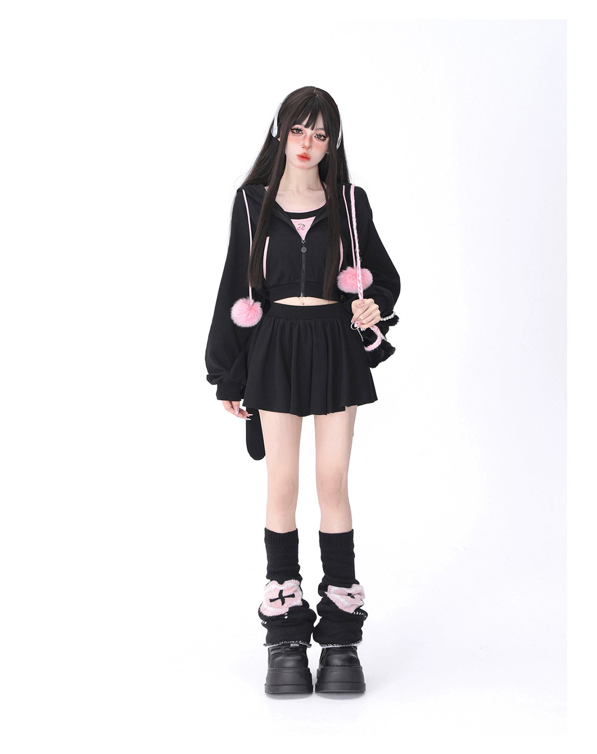 Rabbit ears hooded cardigan + skirt A40908