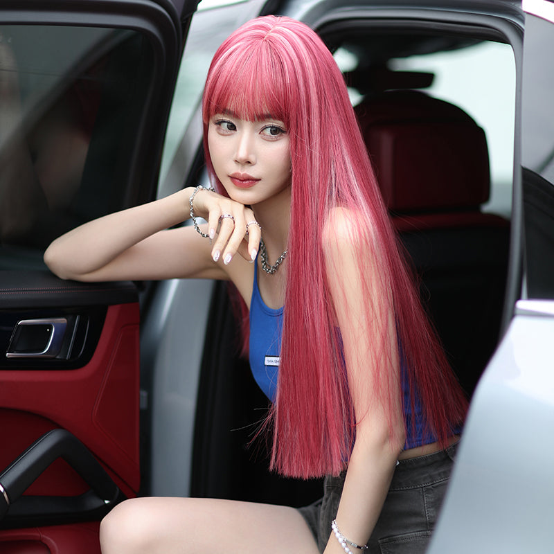 Pink and White Highlighted Long Straight Hair A40853