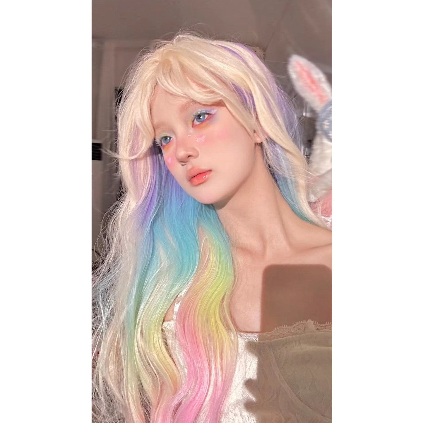 Rainbow little white horse long curly hair A40923