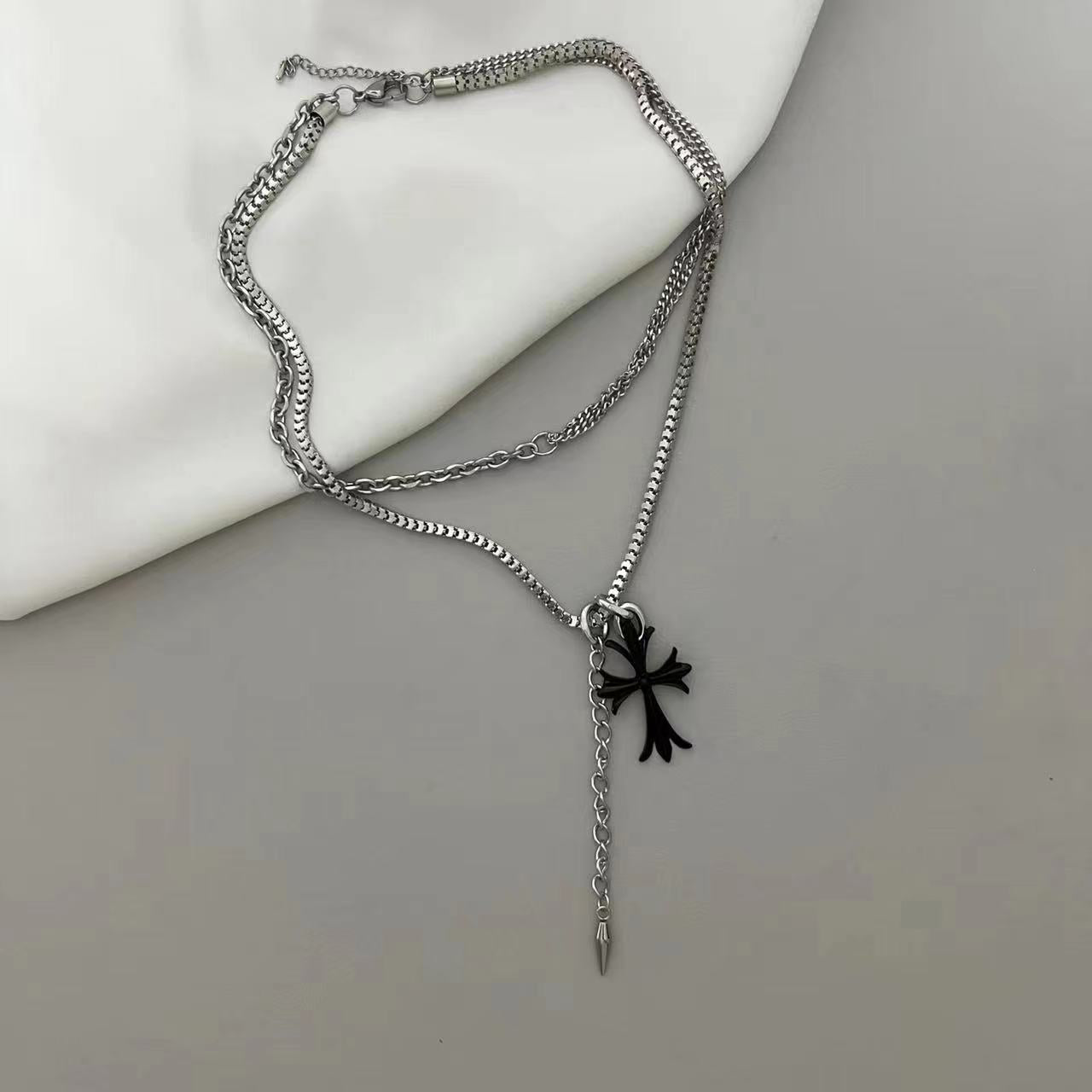 Black cross double layer titanium steel necklace A41003