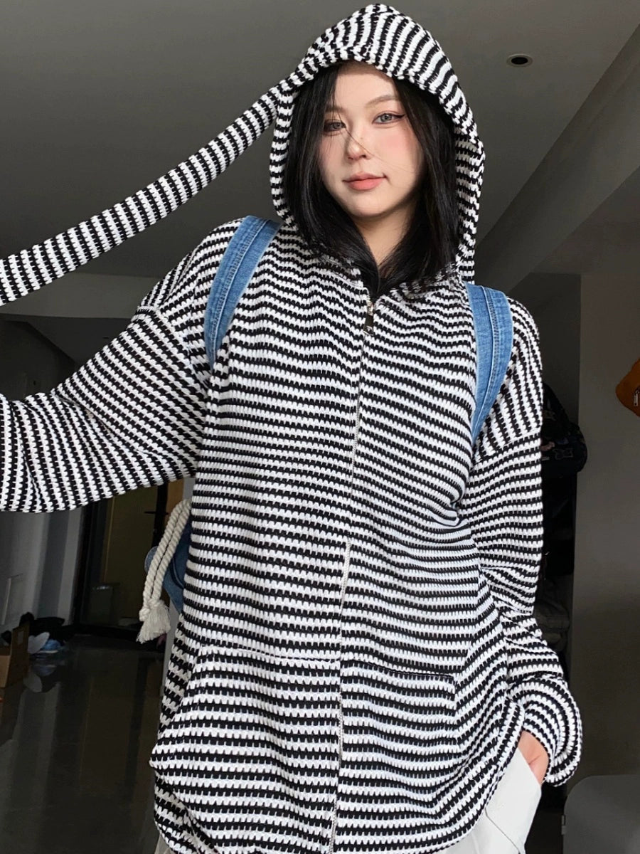 Striped bunny ears hooded knitted cardigan A41109