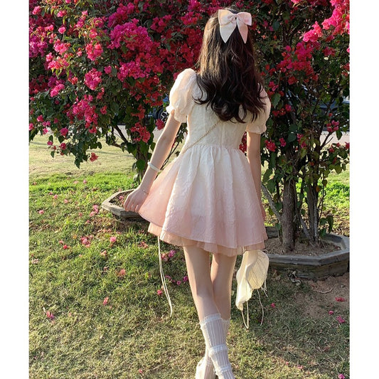 Sweet Princess Gradient Bow Puff Sleeve Dress A40819