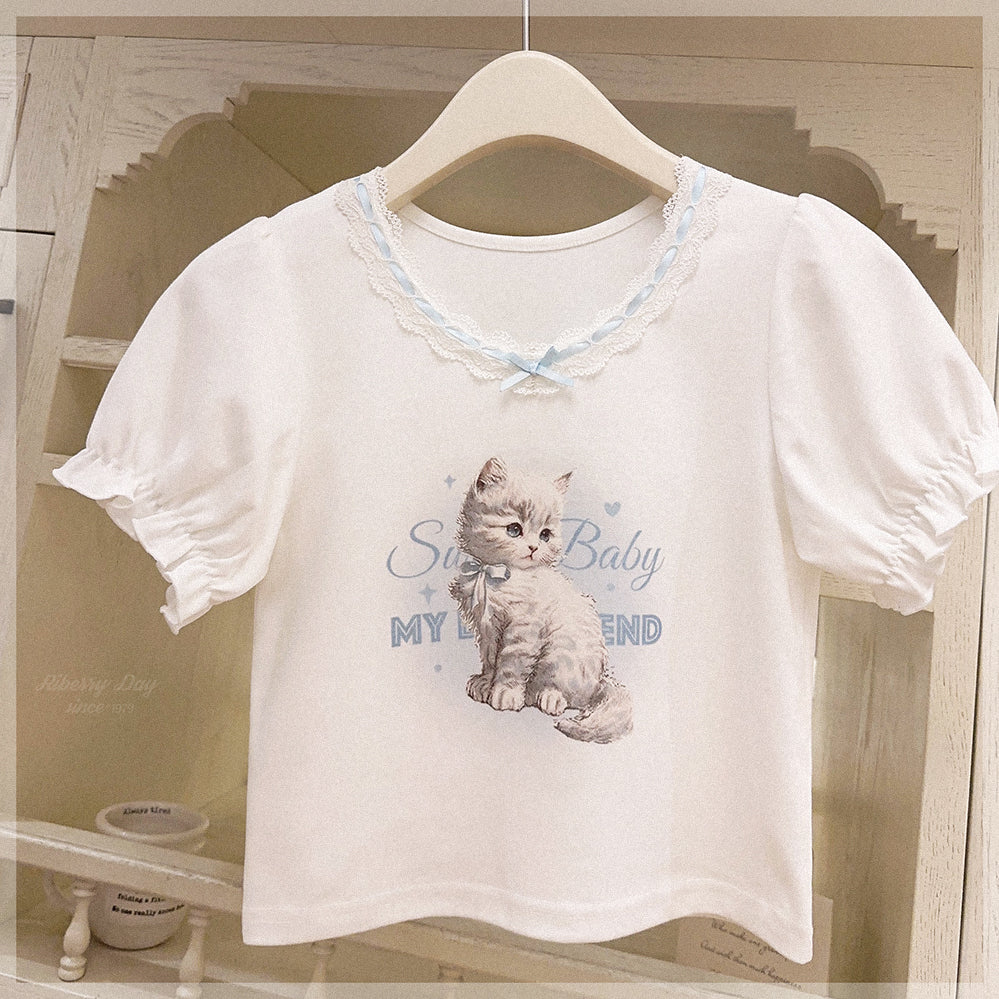 Lace Cat Puff Sleeve T-Shirt A40616