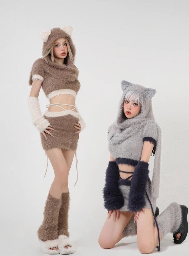Furry Cat Ears Hooded Fashion Set A40422