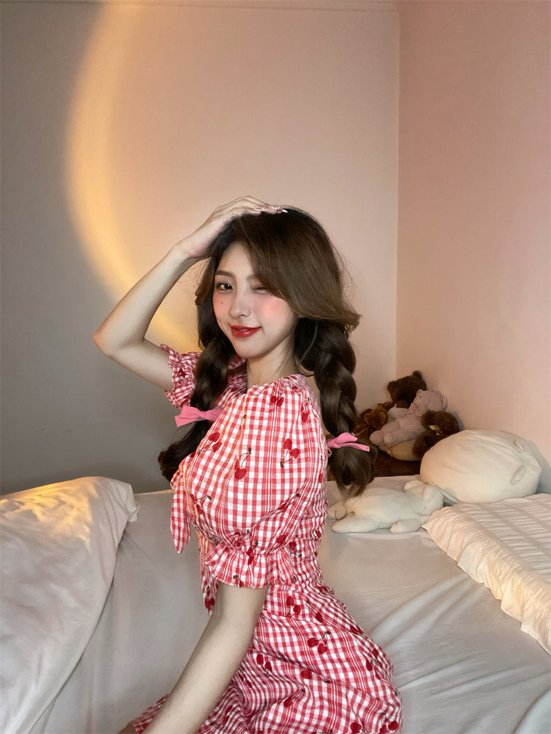 Cute Cherry Puff Sleeve Dress A40817
