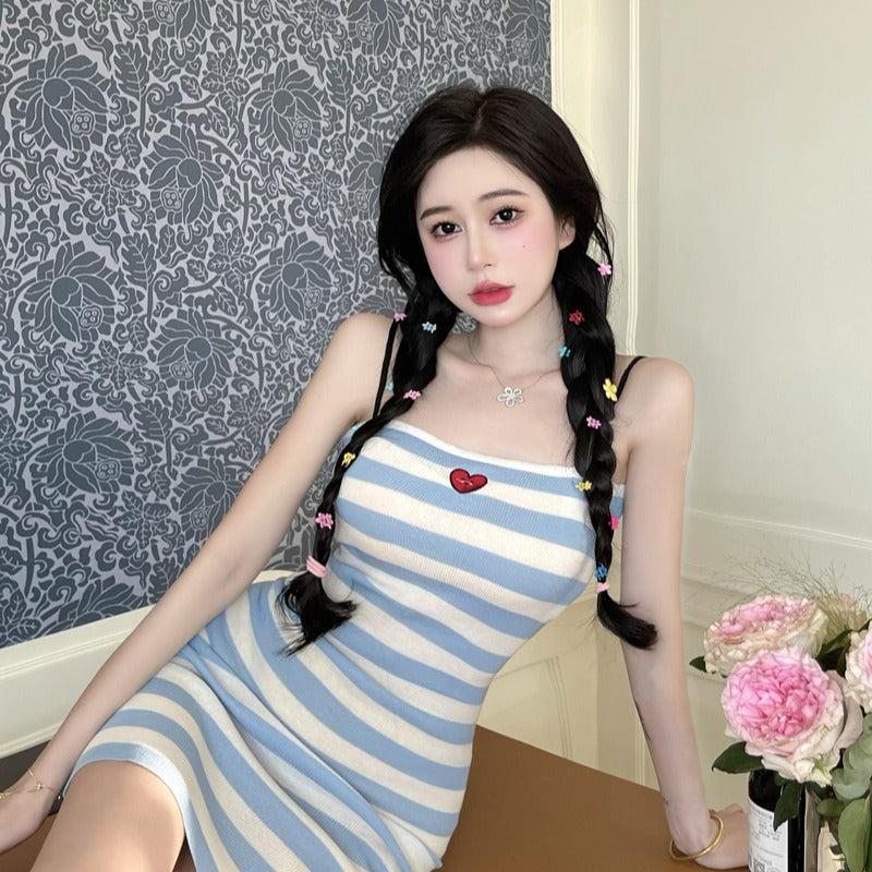 Heart Stripe Slim Knitted Dress A40756