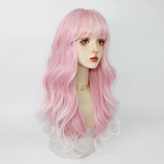 Pink and white gradient long curly hair A40741
