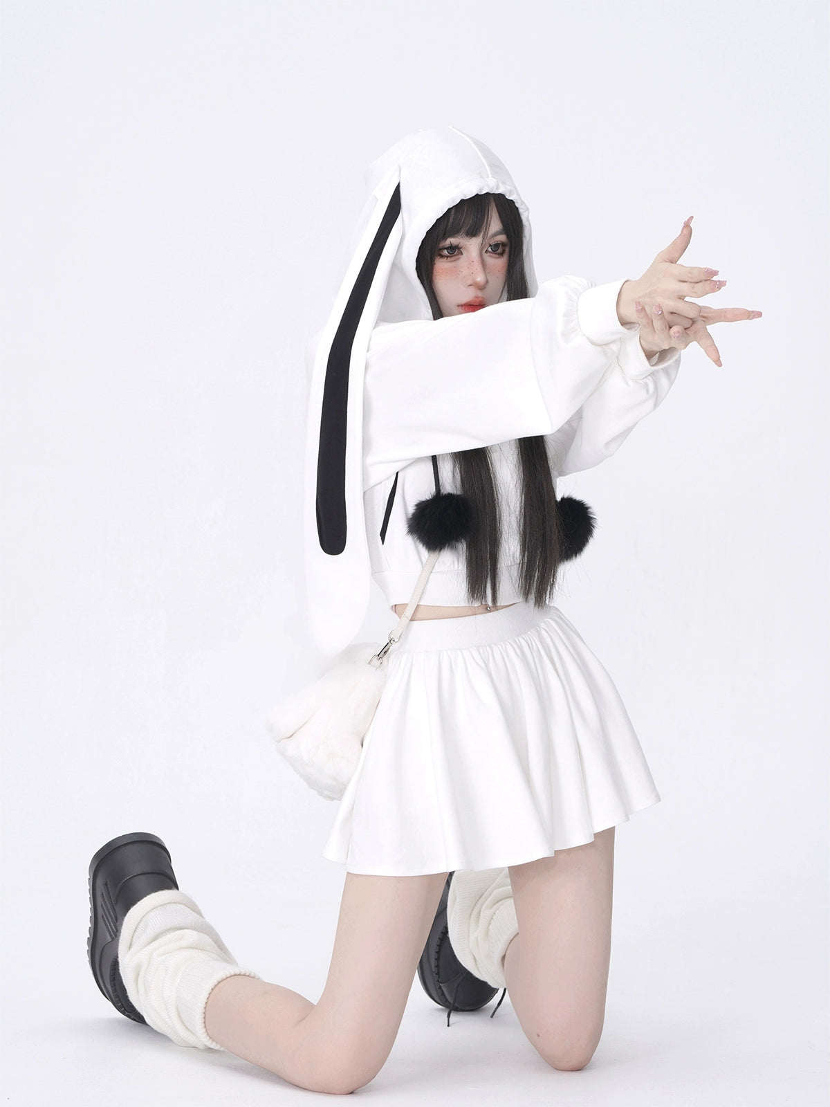 Rabbit ears hooded cardigan + skirt A40908