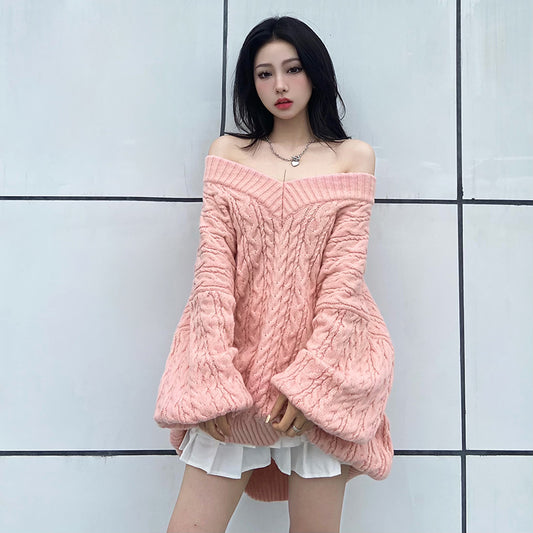 Sweet pink twist knitted sweater A40827