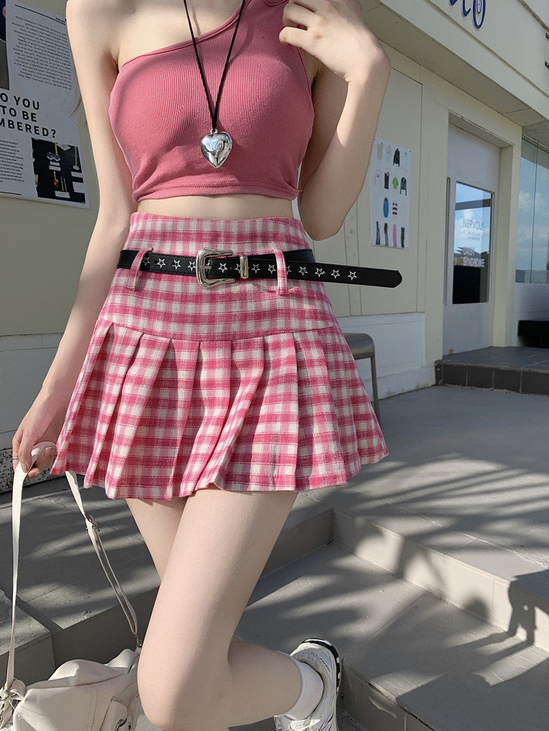 Hot pink plaid pleated skirt + belt A40775