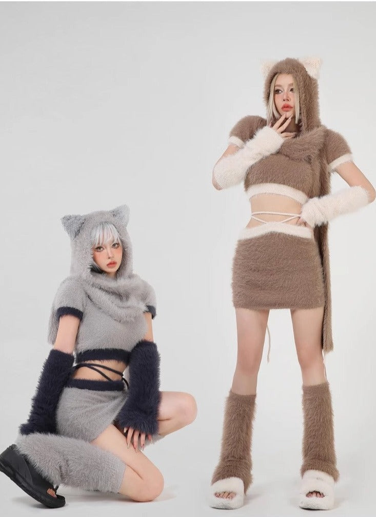 Furry Cat Ears Hooded Fashion Set A40422