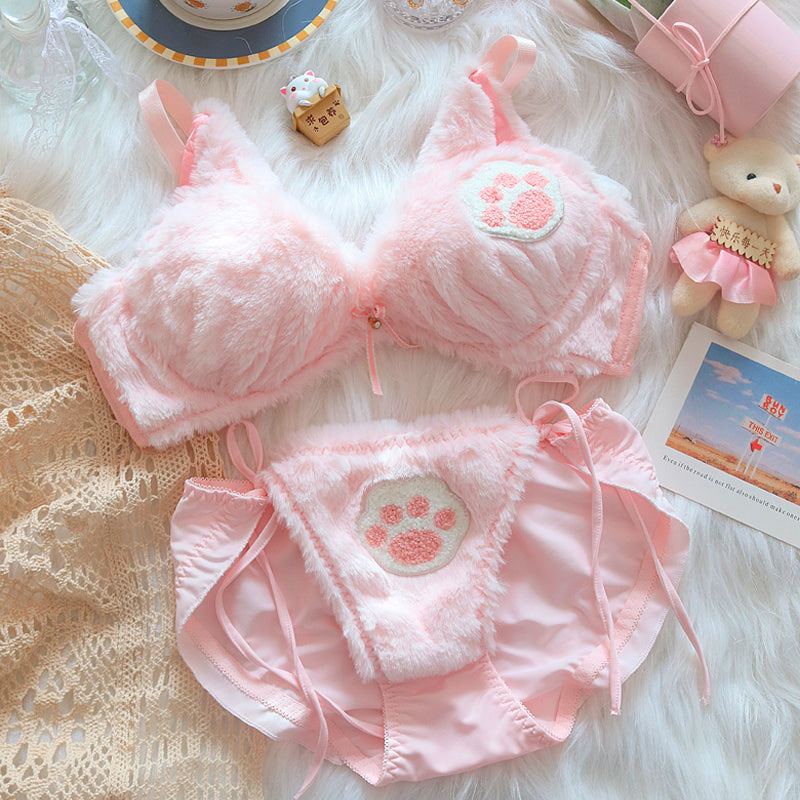 Kawaii Pink Plush Bra Attached Camisole With Cute Cat And Cow