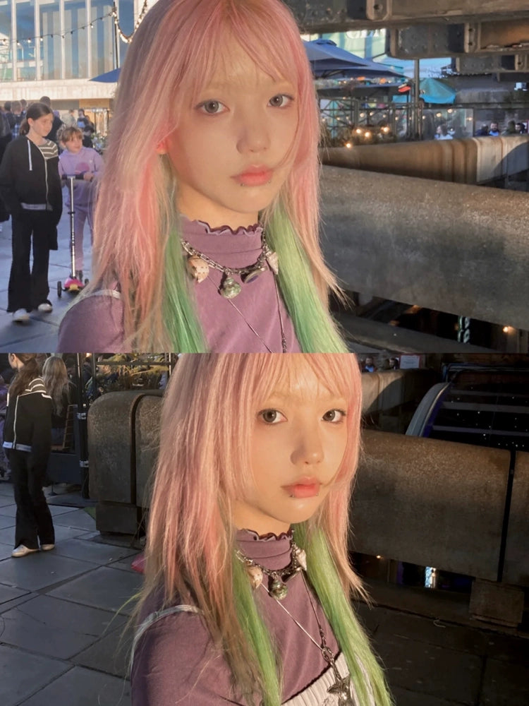 Long straight hair with pink and green gradient highlights AP213