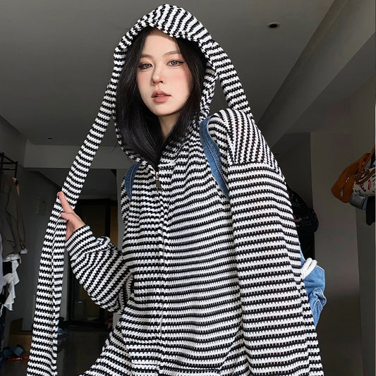 Striped bunny ears hooded knitted cardigan A41109
